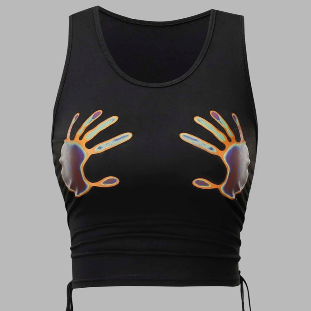 SHEIN Black Crop Top with Vibrant Handprint Design